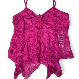 Stevie by Steve Madden pink lace cami top with tie front and asymmetrical hem.